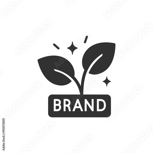 Growing plant with brand label icon. Brand growth and business development. Monochrome black and white symbol