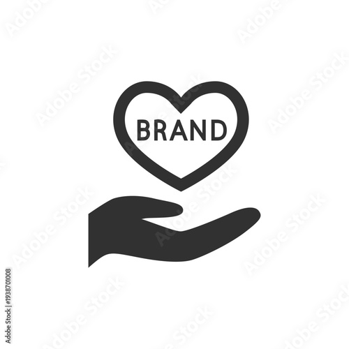 Hand holding heart with brand label icon. Favorite brand and customer trust. Monochrome black and white symbol