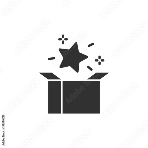 Open gift box with star icon. New product surprise and brand launch. Monochrome black and white symbol