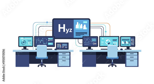 Modern office setup with multiple computer monitors displaying data and charts, connected to a central screen.