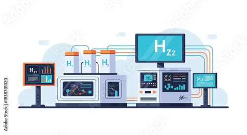 Advanced laboratory setup for hydrogen production and analysis, featuring multiple monitors and complex machinery.