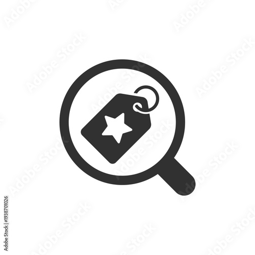 Brand tag with magnifying glass icon. Searching best brand and price comparison. Monochrome black and white symbol