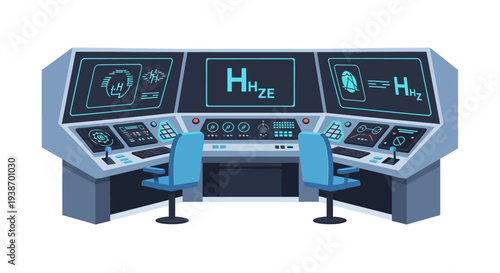 Futuristic control room with multiple screens and chairs, displaying complex data and interfaces.