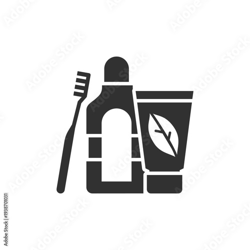 Toothbrush and toothpaste set icon. Dental hygiene and oral care. Monochrome black and white symbol