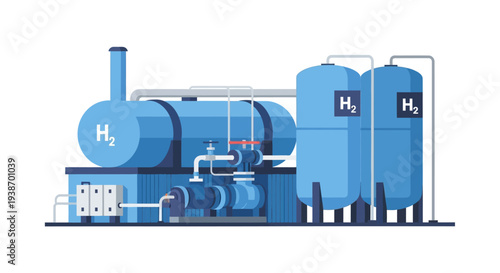 Industrial facility for hydrogen production and storage, featuring large blue tanks labeled 'H2' and complex piping systems.