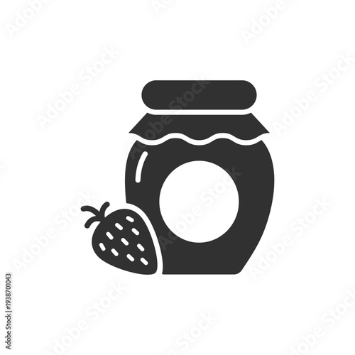 Jam jar with strawberry icon. Fruit jam and sweet preserve. Monochrome black and white symbol