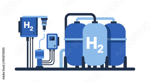 Illustration of a hydrogen production and storage facility, showcasing tanks and equipment for clean energy generation.