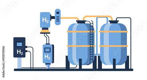 Illustration of a hydrogen production and storage facility, showcasing tanks, pipes, and control units for clean energy generation.