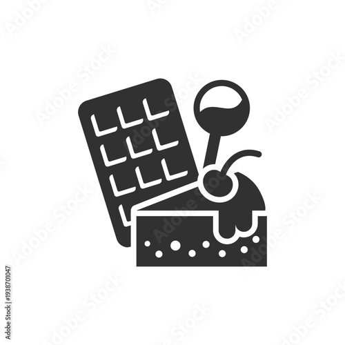 Chocolate bar with candy and cake icon. Sweet confectionery dessert. Monochrome black and white symbol