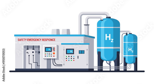 Illustration of a modern hydrogen production and storage facility with safety and emergency response systems.