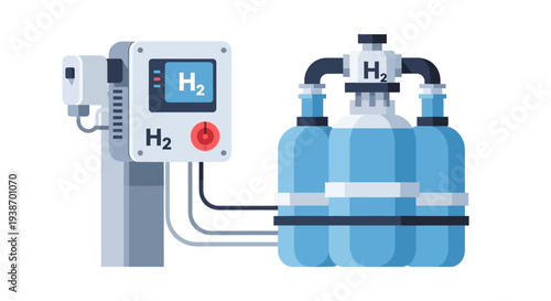 Illustration of a hydrogen production and storage system with a control panel and storage tanks.