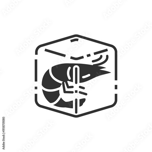 Shrimp frozen in ice cube icon. Frozen seafood preservation. Monochrome black and white symbol