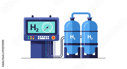 Illustration of a hydrogen fuel station with storage tanks and a control panel displaying H2 levels.