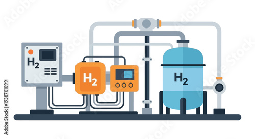 Illustration of a hydrogen production and storage facility, showcasing equipment for generating and containing H2 gas.