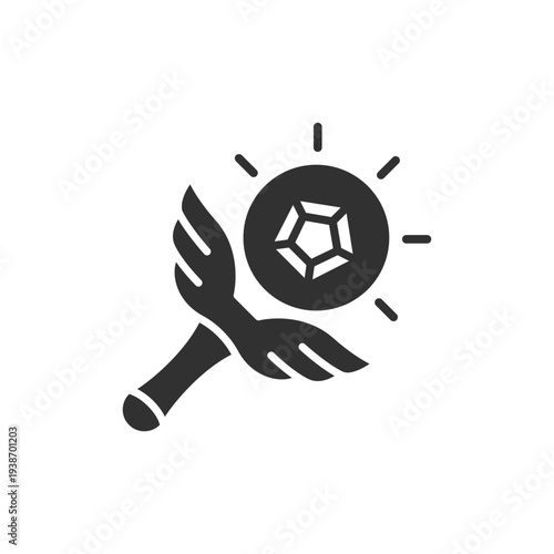 Magic scepter with gem icon. Royal fantasy staff. Monochrome black and white symbol
