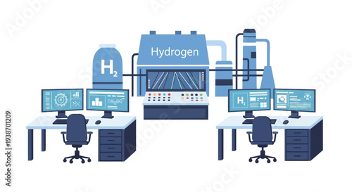 Modern hydrogen production facility control room with advanced monitoring systems and workstations.
