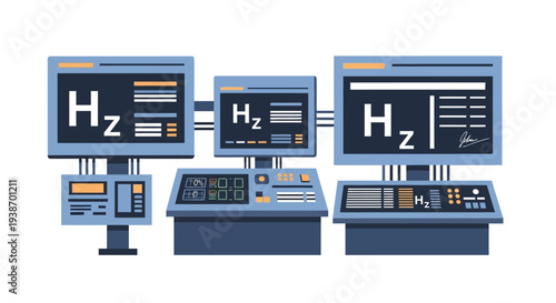 A futuristic control panel with multiple monitors displaying scientific data and the chemical symbol H2.