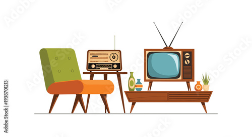 A mid-century modern living room setup features a green and orange armchair, a vintage radio on a side table, and an old television on a low cabinet with decorative vases and a plant.