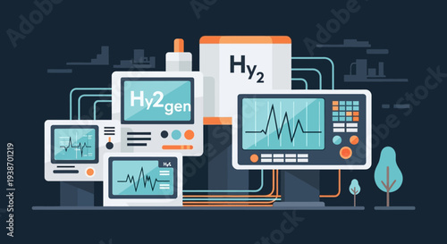Illustration of a hydrogen generation system with monitoring equipment and a large H2 tank.