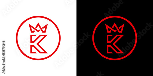 A sleek, modern logo featuring the letter K stylized with a regal crown, enclosed in a red circular frame. Presented on both a clean white and a stark black background for versatile application.