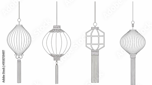 Line art illustration of four hanging lanterns, each with unique shapes and tassel details