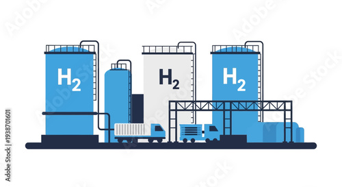 Illustration of a hydrogen production and storage facility with large tanks and transport trucks, depicting clean energy infrastructure.