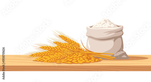 A rustic wooden plank displays a heap of golden wheat ears and grains next to an open sack filled with white flour, set against a clean white backdrop.