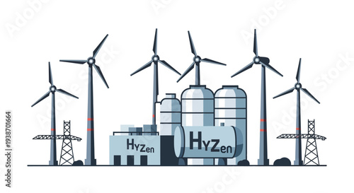 Illustration of a HyZen hydrogen production facility powered by multiple wind turbines and connected to an electricity grid.
