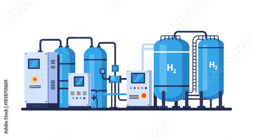 Industrial hydrogen production and storage facility with multiple tanks and control units, representing clean energy technology.