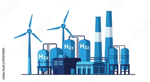 Illustration of a green hydrogen production facility powered by wind energy, featuring industrial tanks and buildings.