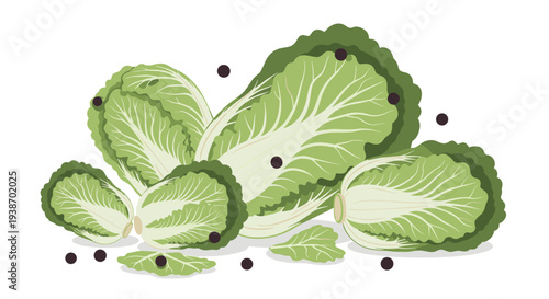 A scattered pile of five fresh green Napa cabbages with dark specks lies on a clean white surface.