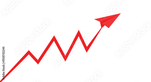A red paper airplane ascends along a jagged red line graph, illustrating a dynamic upward trend on a pristine white background.