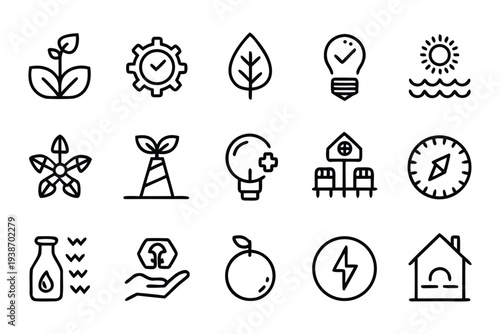Collection of minimalist line art icons illustrating sustainable energy, ecological solutions, nature conservation, and green living concepts for digital projects