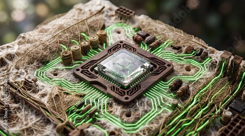 Futuristic organic computer processor with glowing green circuits on natural tree bark and central crystal, concept of green technology and sustainable eco-friendly computing.