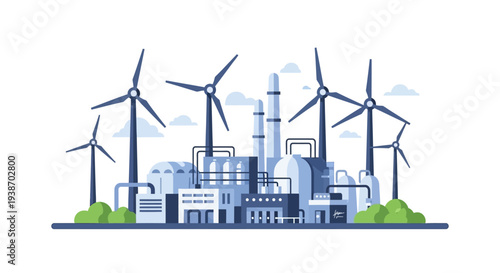 Industrial complex with factories, chimneys, and wind turbines, symbolizing a blend of traditional industry and renewable energy production in a modern flat vector illustration.