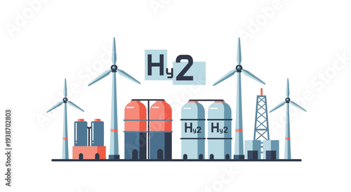Green hydrogen production facility with wind turbines and storage tanks, illustrating renewable energy and sustainable technology.