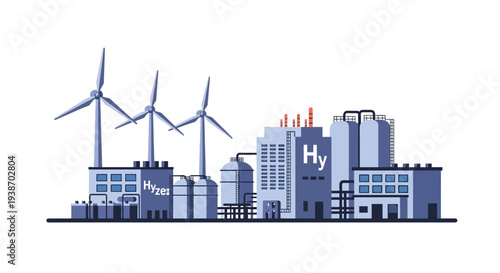 Illustration of a hydrogen production plant powered by wind turbines, representing green energy and sustainable industry.