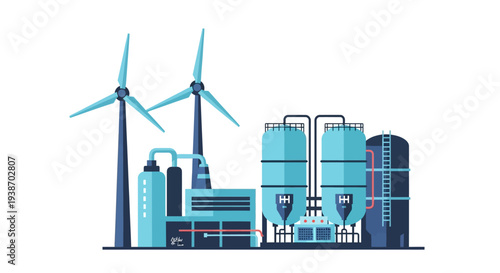 Industrial complex with wind turbines and processing tanks, representing renewable energy and sustainable industry.