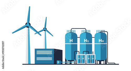 Illustration of a green hydrogen production facility powered by wind turbines, showcasing renewable energy integration and storage tanks.