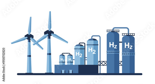 Illustration of a green hydrogen production facility with wind turbines generating renewable energy for electrolysis.
