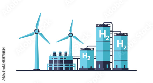 Renewable energy production facility with wind turbines and hydrogen storage tanks, illustrating green energy solutions.