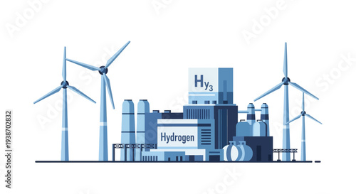 Illustration of a green hydrogen production plant powered by multiple wind turbines, symbolizing renewable energy and sustainable industry.