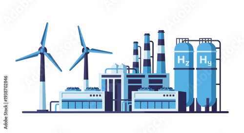 Illustration of a hydrogen production plant powered by wind energy, featuring industrial buildings, storage tanks, and wind turbines.