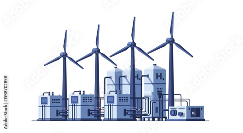 Illustration of a green hydrogen production facility with multiple wind turbines generating renewable energy for electrolysis.