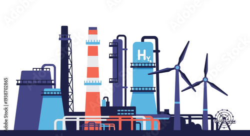 Illustration of a modern industrial complex featuring wind turbines and a hydrogen production facility, symbolizing renewable energy and sustainable industry.