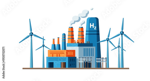 Illustration of a modern industrial facility with wind turbines, symbolizing renewable energy production and green hydrogen generation.