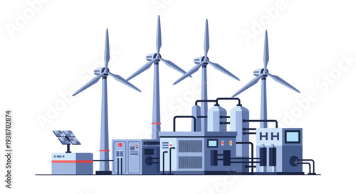 Illustration of a renewable energy production facility featuring wind turbines, solar panels, and a hydrogen generation and storage system.