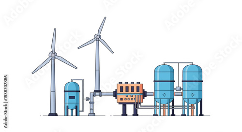 Illustration of a renewable energy system featuring wind turbines connected to storage tanks and processing equipment.