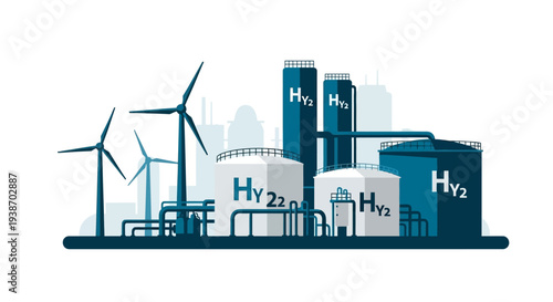 Illustration of a modern hydrogen production and storage facility with wind turbines in the background, symbolizing renewable energy.