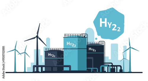 Illustration of a green hydrogen production facility with wind turbines and storage tanks, symbolizing renewable energy and sustainable industry.
